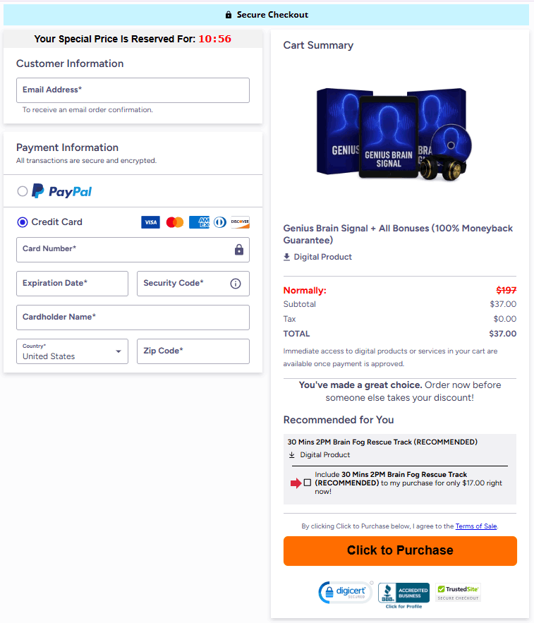 genius brain signal checkout page
